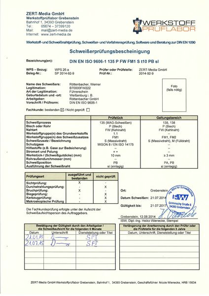 Röttenbacher Stahlbau Zertifikat